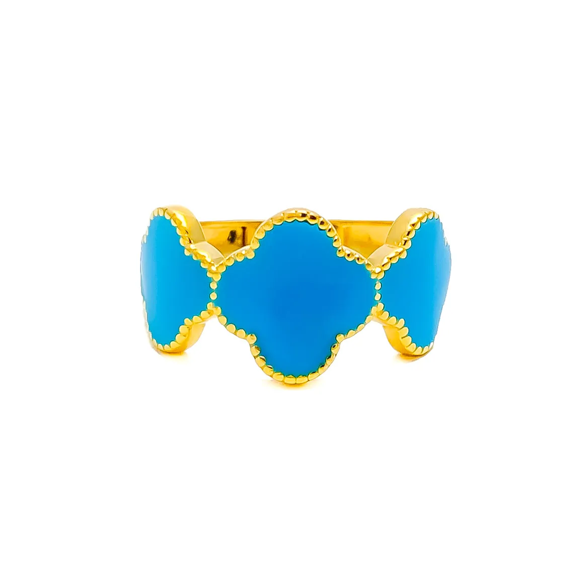 Beautiful Charming 21K Gold Clover Turquoise Enameled Ring