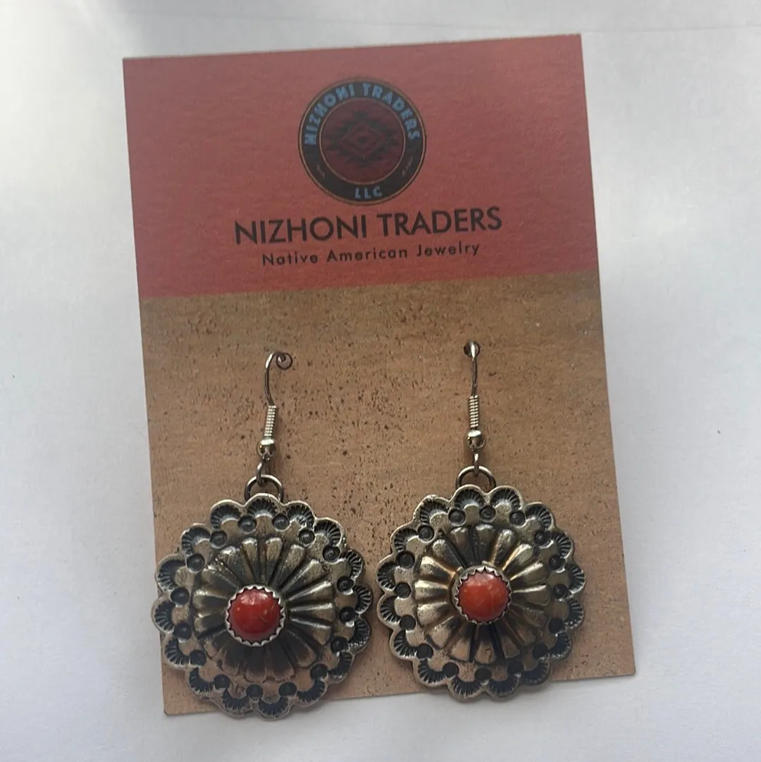 Beautiful Navajo Sterling Silver & Coral Dangle Earrings Signed