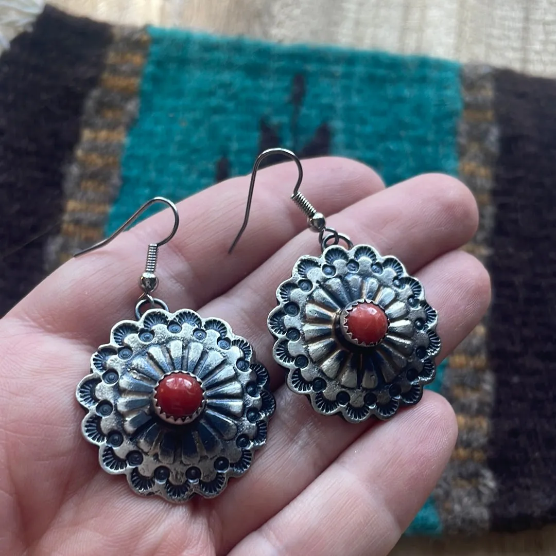 Beautiful Navajo Sterling Silver & Coral Dangle Earrings Signed