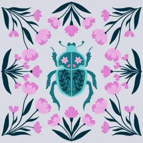 Beetle and flowers - pink and turquoise