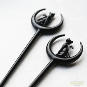 Black Cat Elf 17*4cm Hairpin - Lunar Hair Stick - Pagan Gothic Viking Hair Accessory - Unique Dark Jewelry Gift