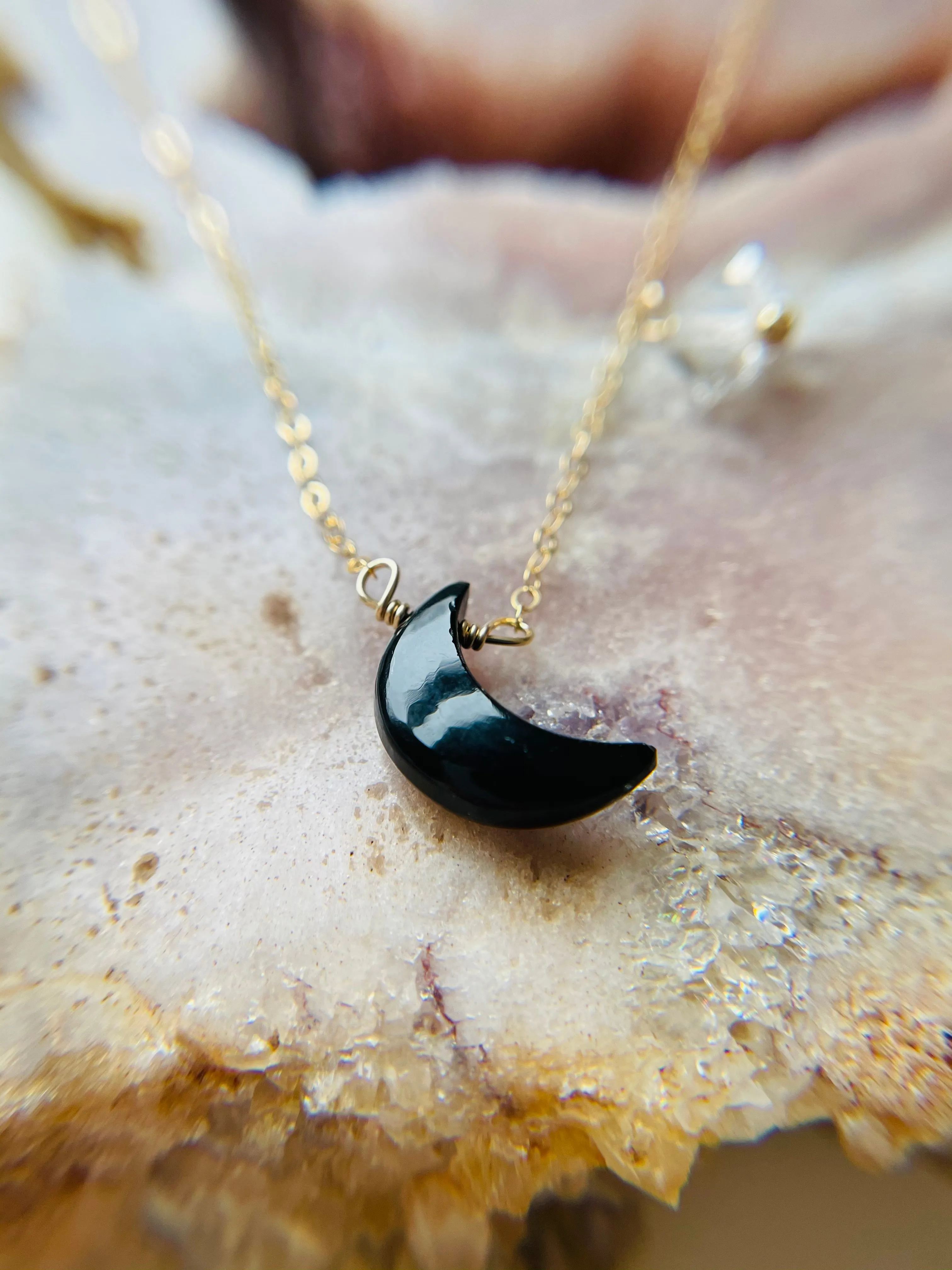 Black Onyx Crescent Moon Necklace with Herkimer Diamond accent - gold fill or sterling silver