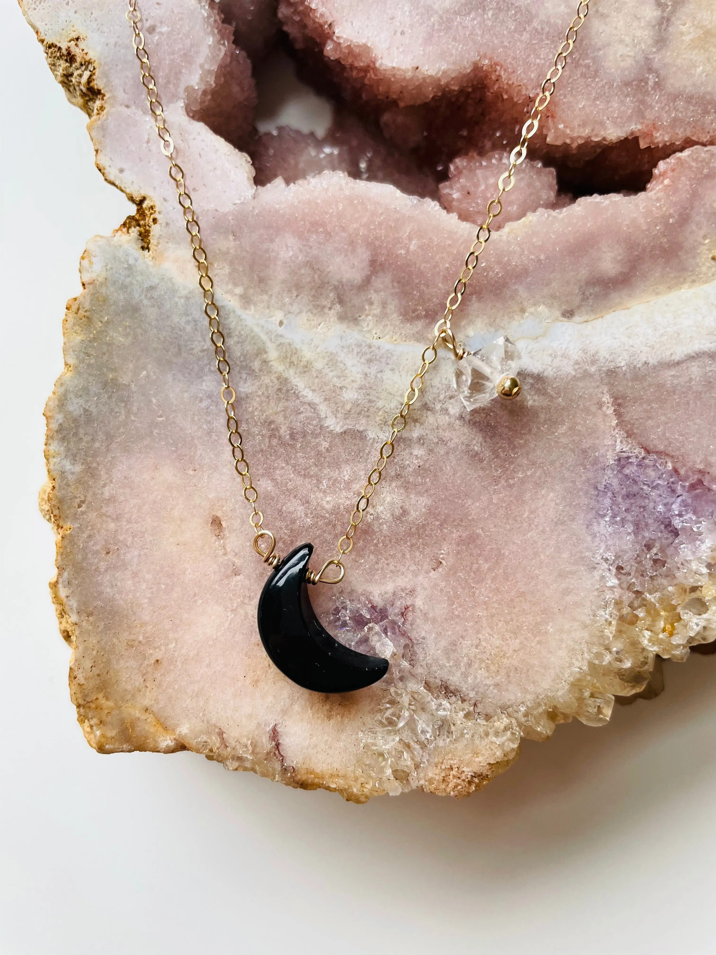 Black Onyx Crescent Moon Necklace with Herkimer Diamond accent - gold fill or sterling silver