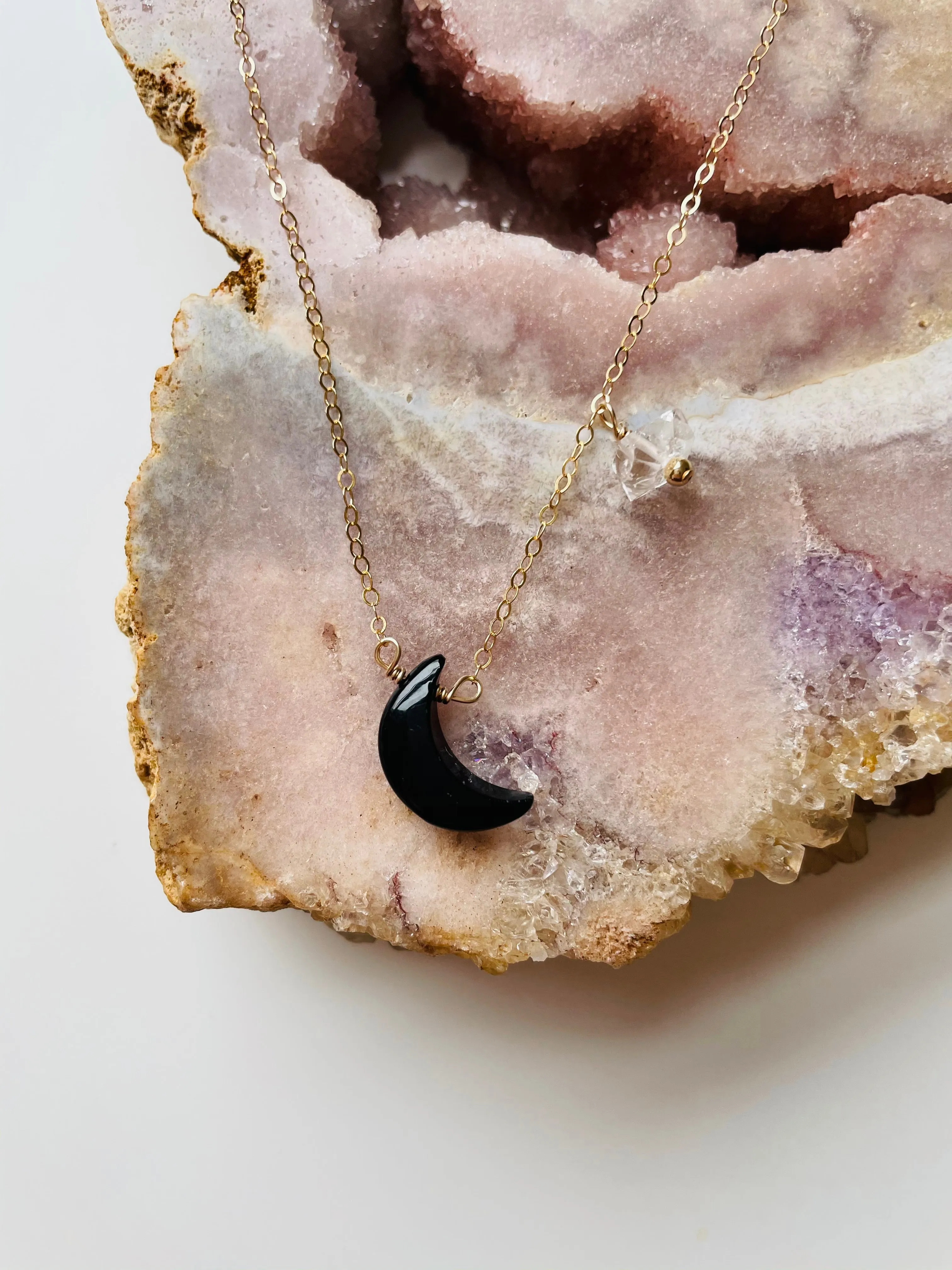 Black Onyx Crescent Moon Necklace with Herkimer Diamond accent - gold fill or sterling silver