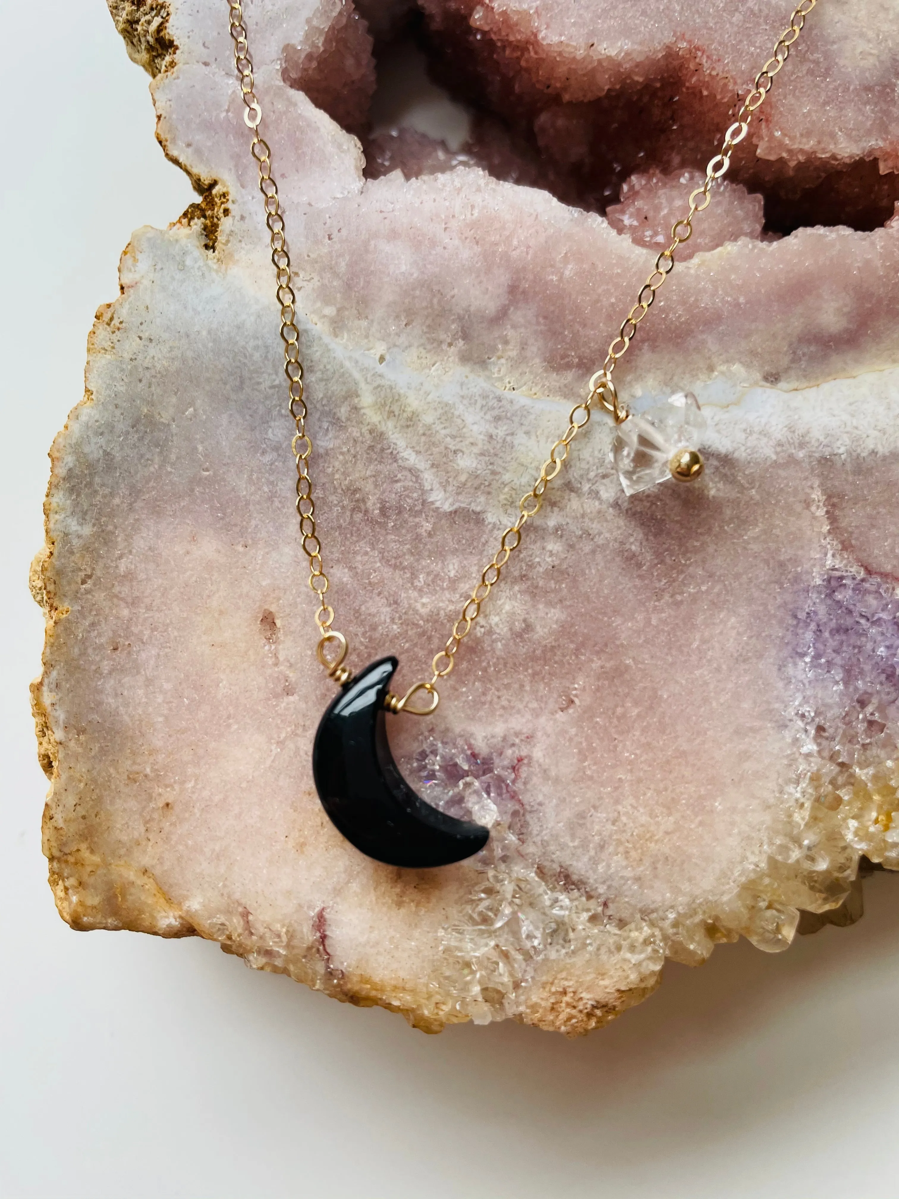 Black Onyx Crescent Moon Necklace with Herkimer Diamond accent - gold fill or sterling silver