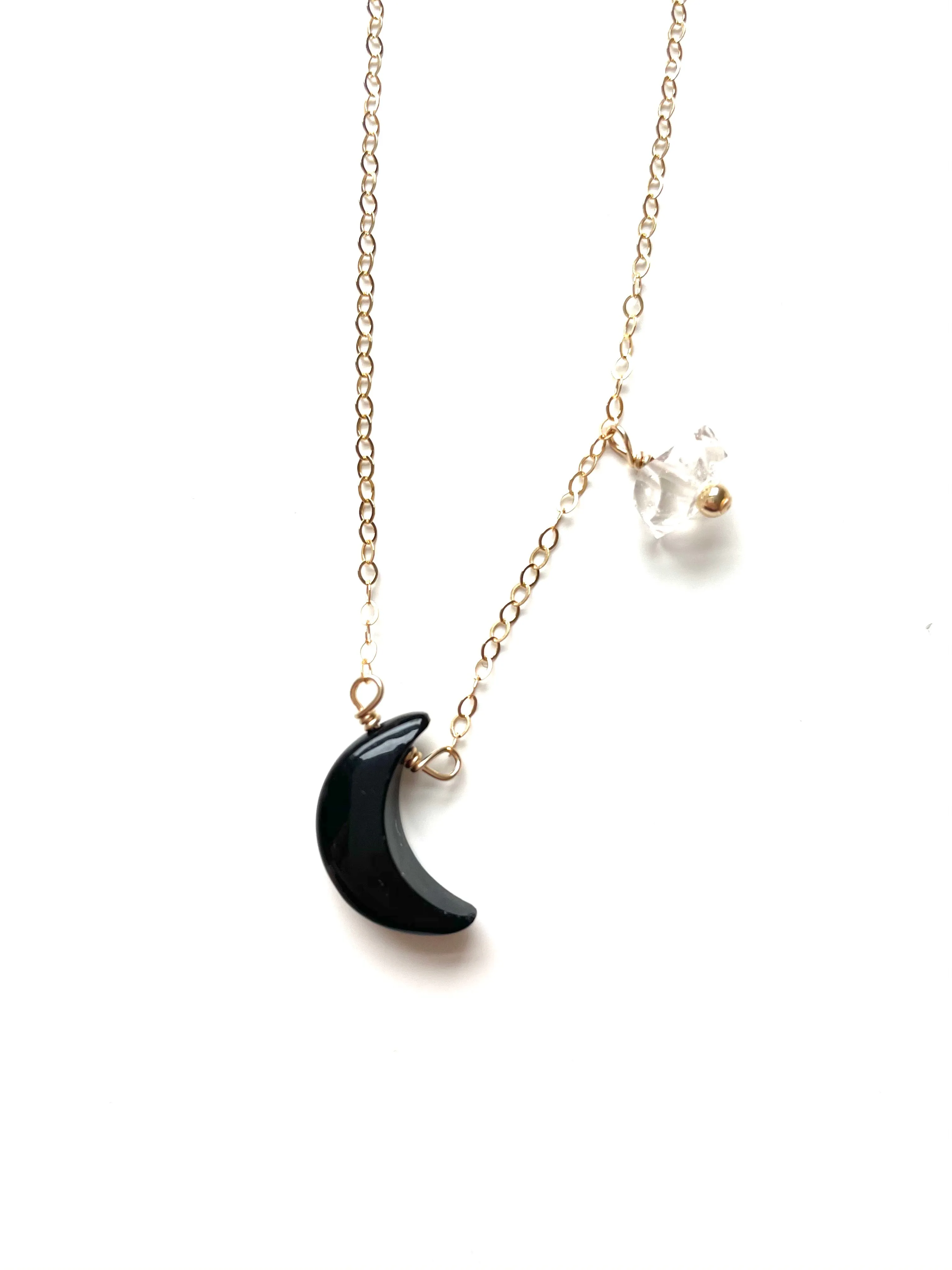 Black Onyx Crescent Moon Necklace with Herkimer Diamond accent - gold fill or sterling silver