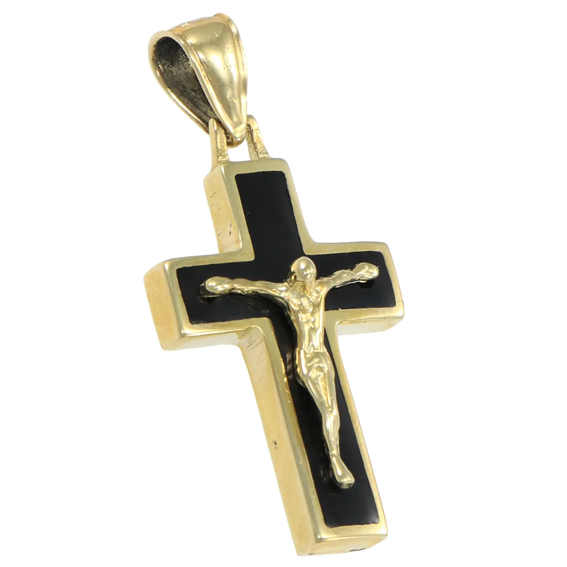 Black Onyx Jesus Cross Crusifix Latin Cross Necklace Pendant 14k Yellow Gold