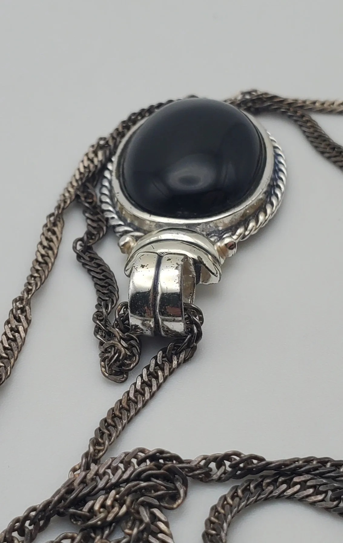 Black Onyx Pendant on Sterling Silver Italian Chain Necklace - 26"