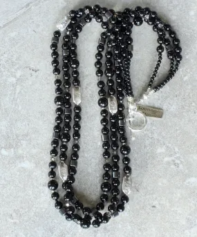 Black Onyx Rounds 3-Strand Necklace with Hill Tribe Silver Box Beads, Czech Glass, Hematite, and a Sterling Silver Toggle Clasp