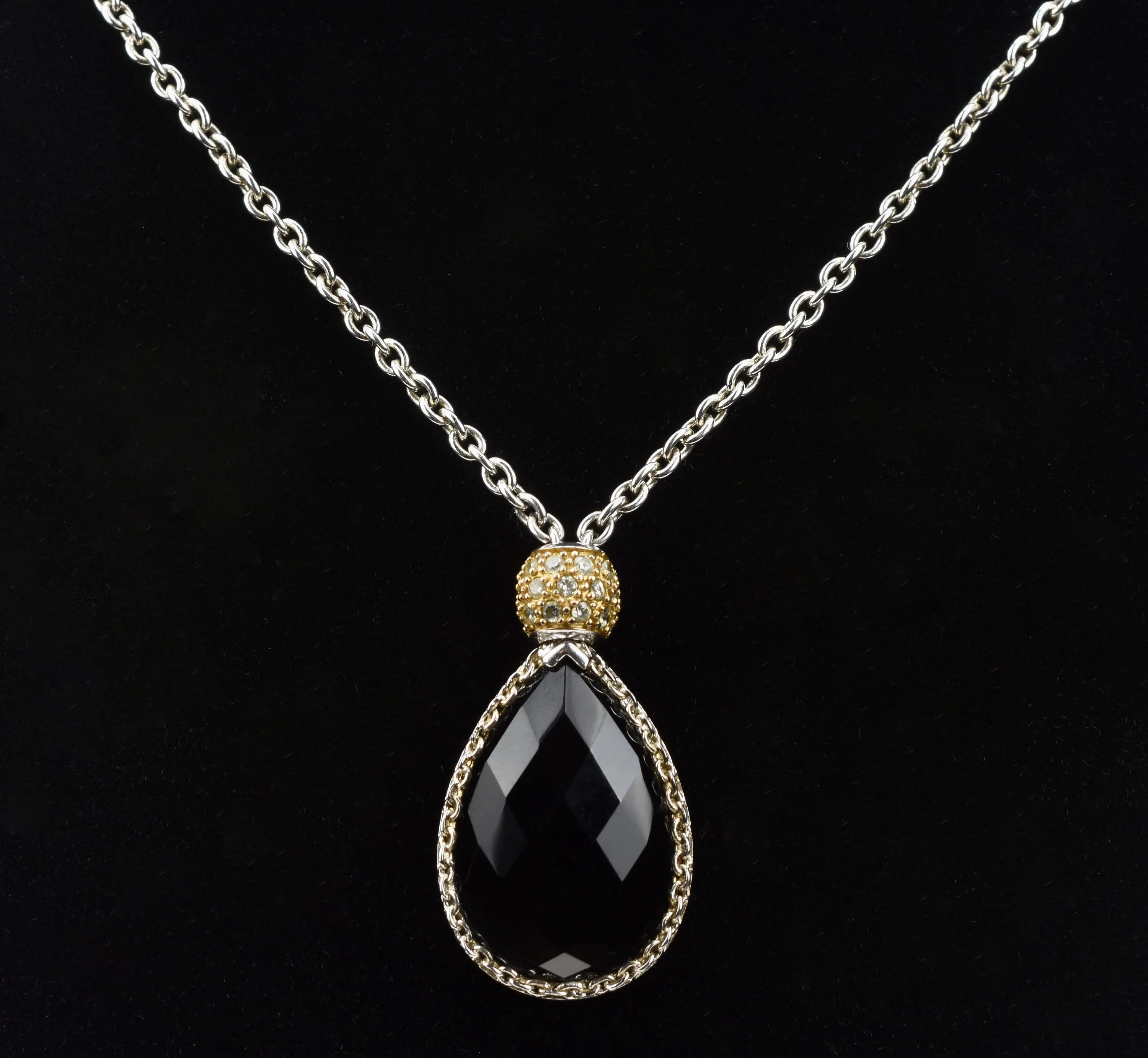 Black Onyx Sterling Silver Cubic Zirconia Pendant Chain Necklace