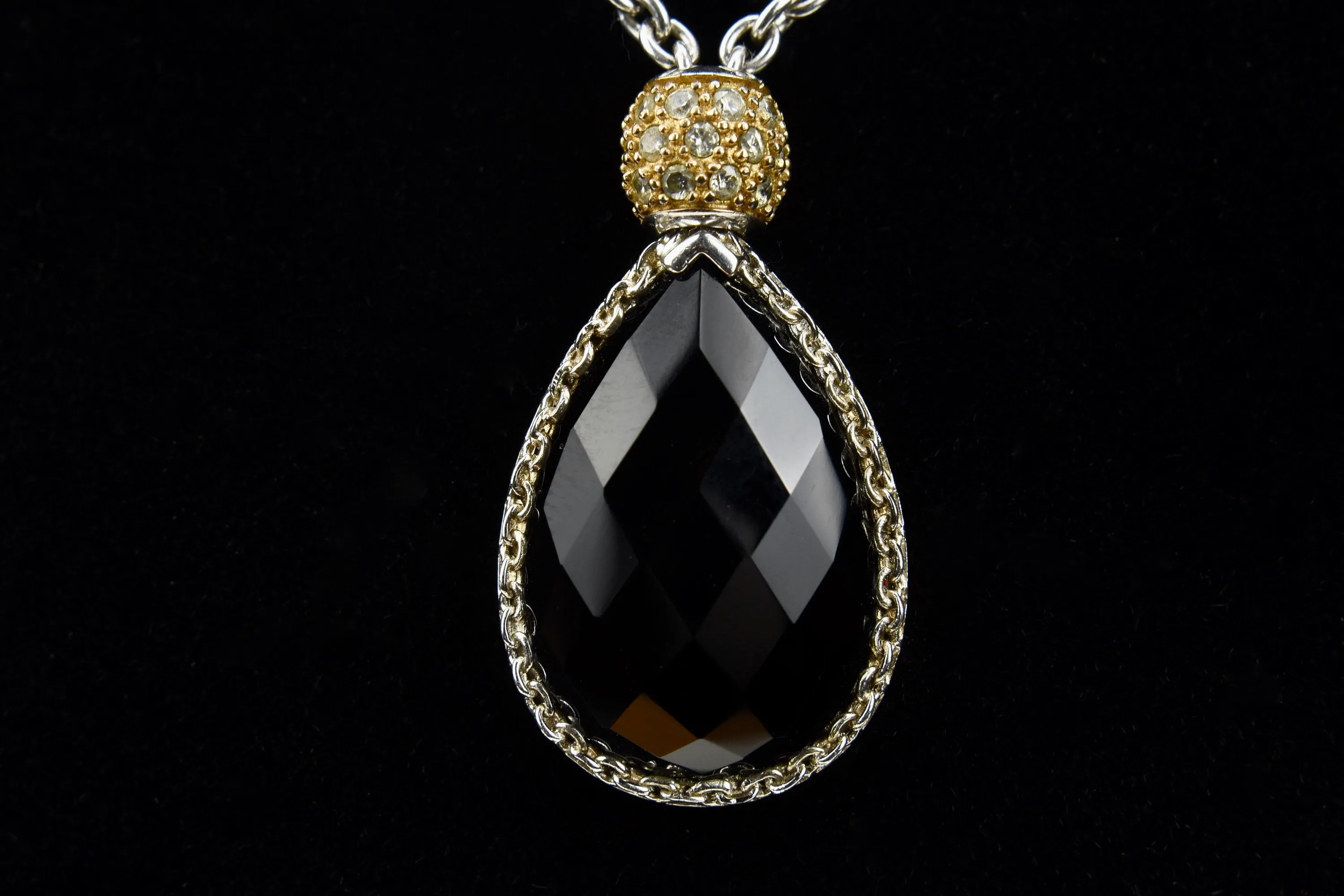 Black Onyx Sterling Silver Cubic Zirconia Pendant Chain Necklace