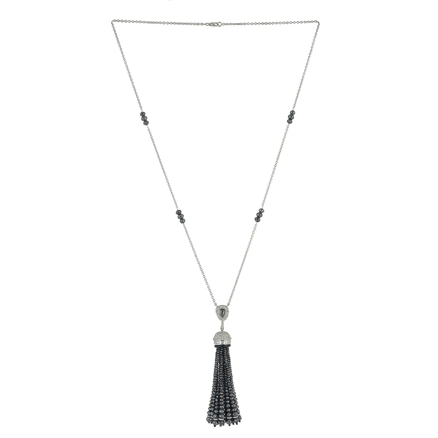 Black Washer Faceted Beads Diamond Round Onyx Tassel Matinee Necklace In White Gold Sale