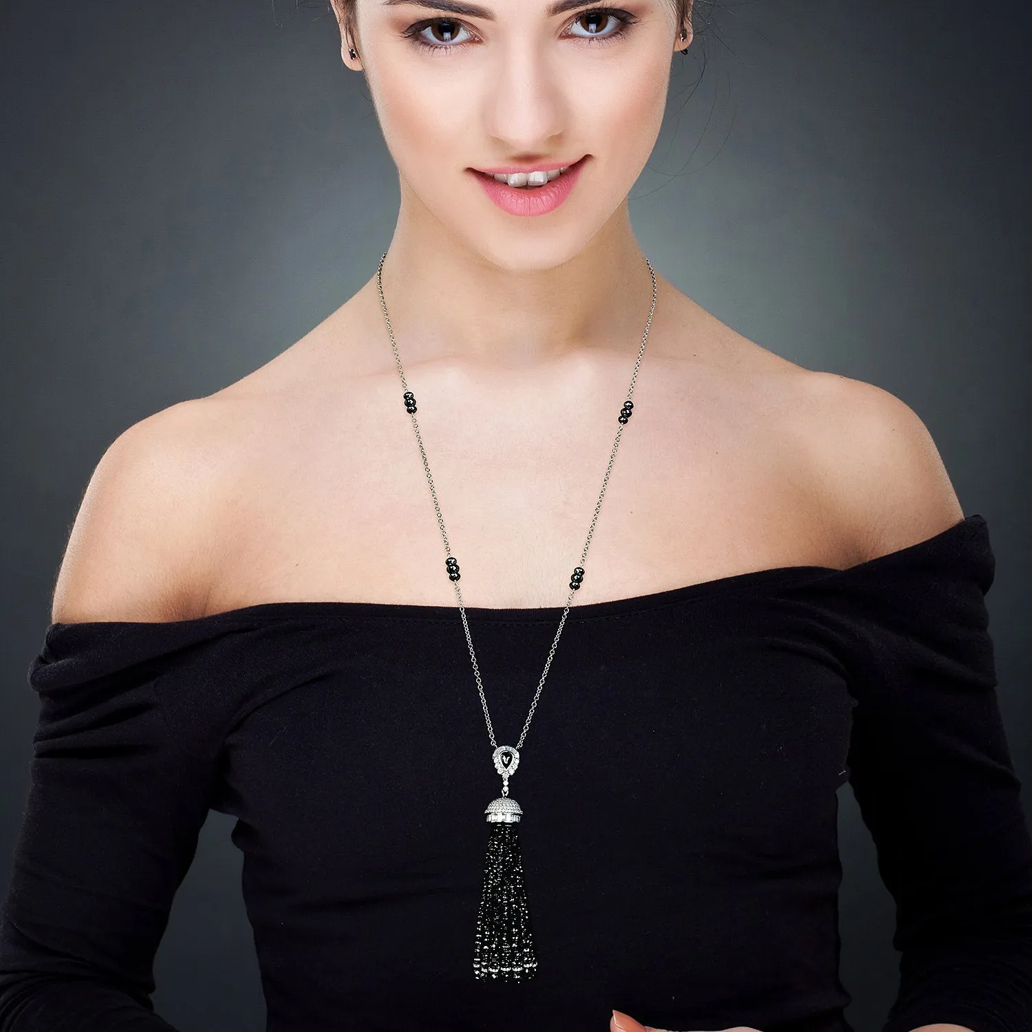 Black Washer Faceted Beads Diamond Round Onyx Tassel Matinee Necklace In White Gold Sale