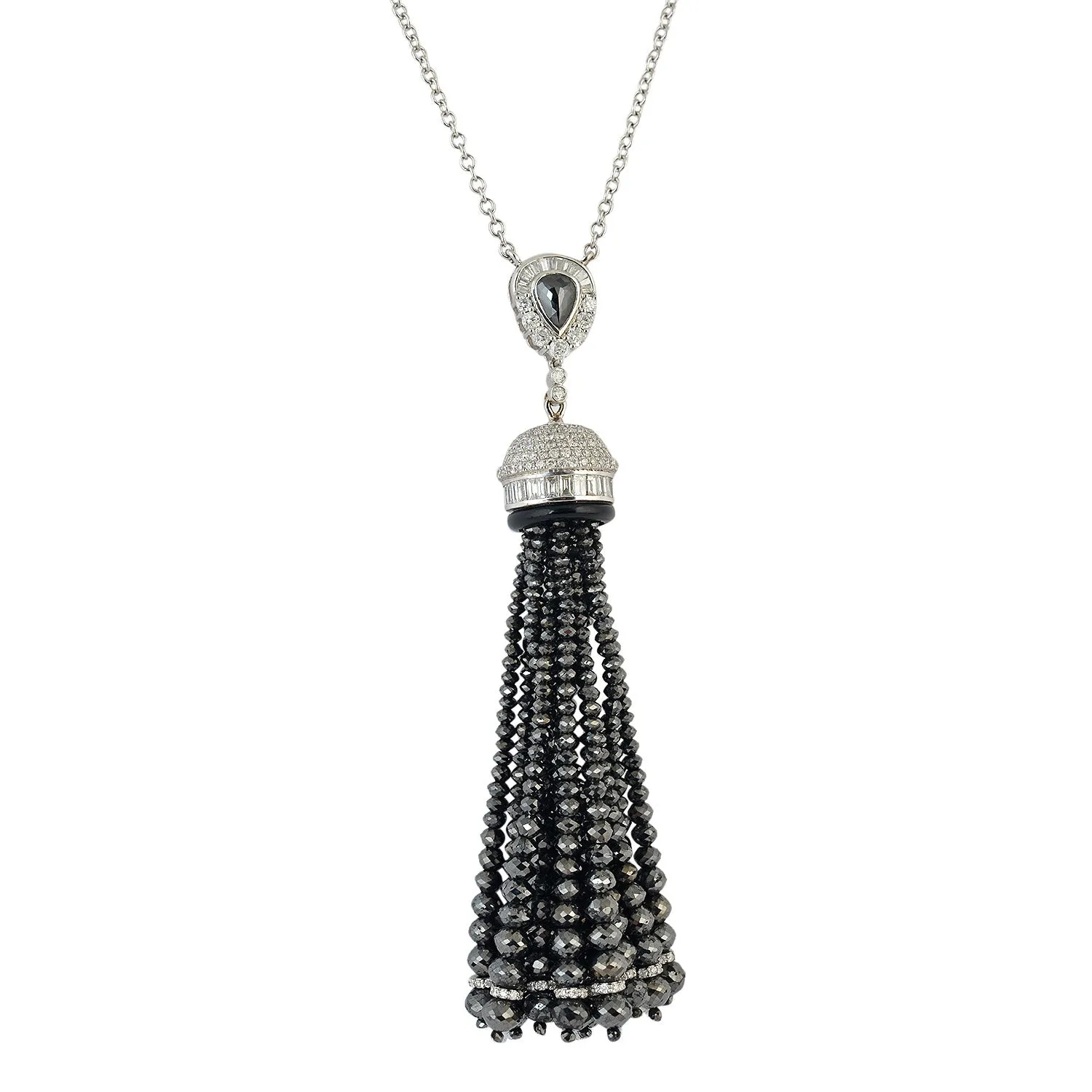 Black Washer Faceted Beads Diamond Round Onyx Tassel Matinee Necklace In White Gold Sale