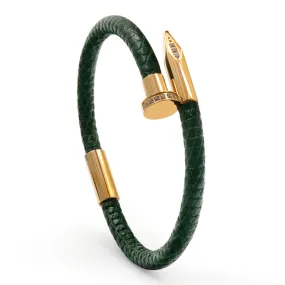 Bracelet - Green Leather with Golden Nail and Zircon