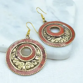 Brass Coral Tibetan Earrings