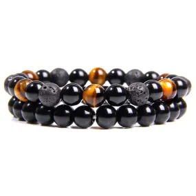 Bravery Duo Bracelet Set: Tigers Eye, Black Onyx & Lava Stone