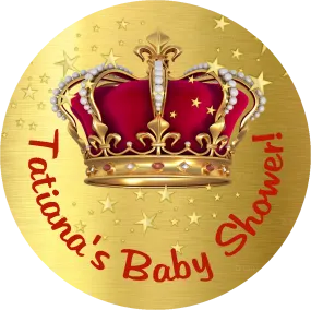 Burgundy Red and Gold Royal Prince Crown Personalized Baby Shower Round  Stickers  Supplies Labels