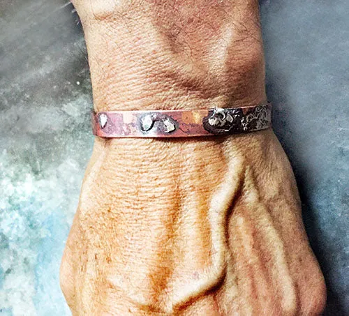 Burned Copper Silver Thin Cuff Handmade Bracelet