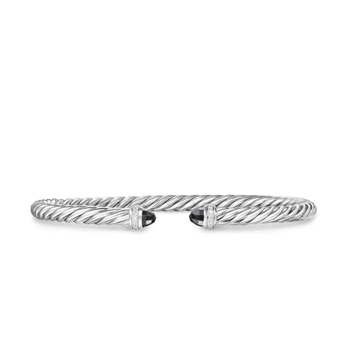 Cablespira Flex Bracelet in Sterling Silver with Black Onyx and Diamonds, 4mm, Size Small