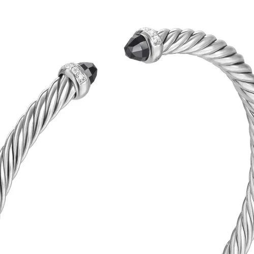 Cablespira Flex Bracelet in Sterling Silver with Black Onyx and Diamonds, 4mm, Size Small