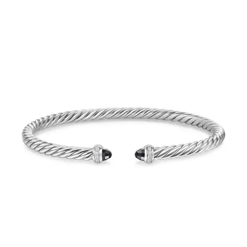 Cablespira Flex Bracelet in Sterling Silver with Black Onyx and Diamonds, 4mm, Size Small