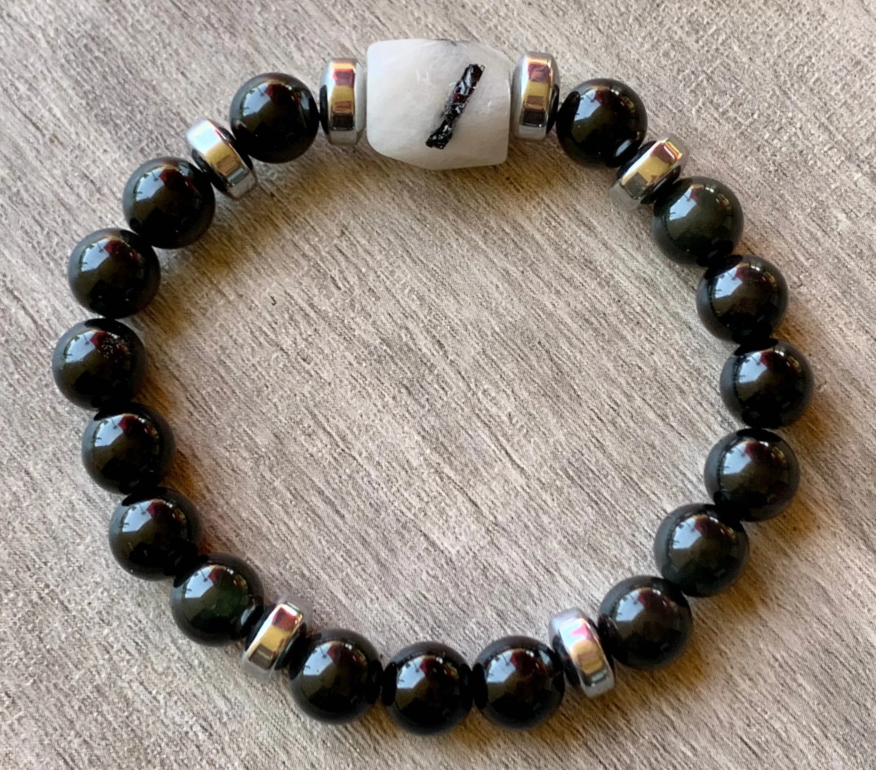 Casey Handmade Rutilated Quartz, Obsidian, and Hematite Expandable Bracelet