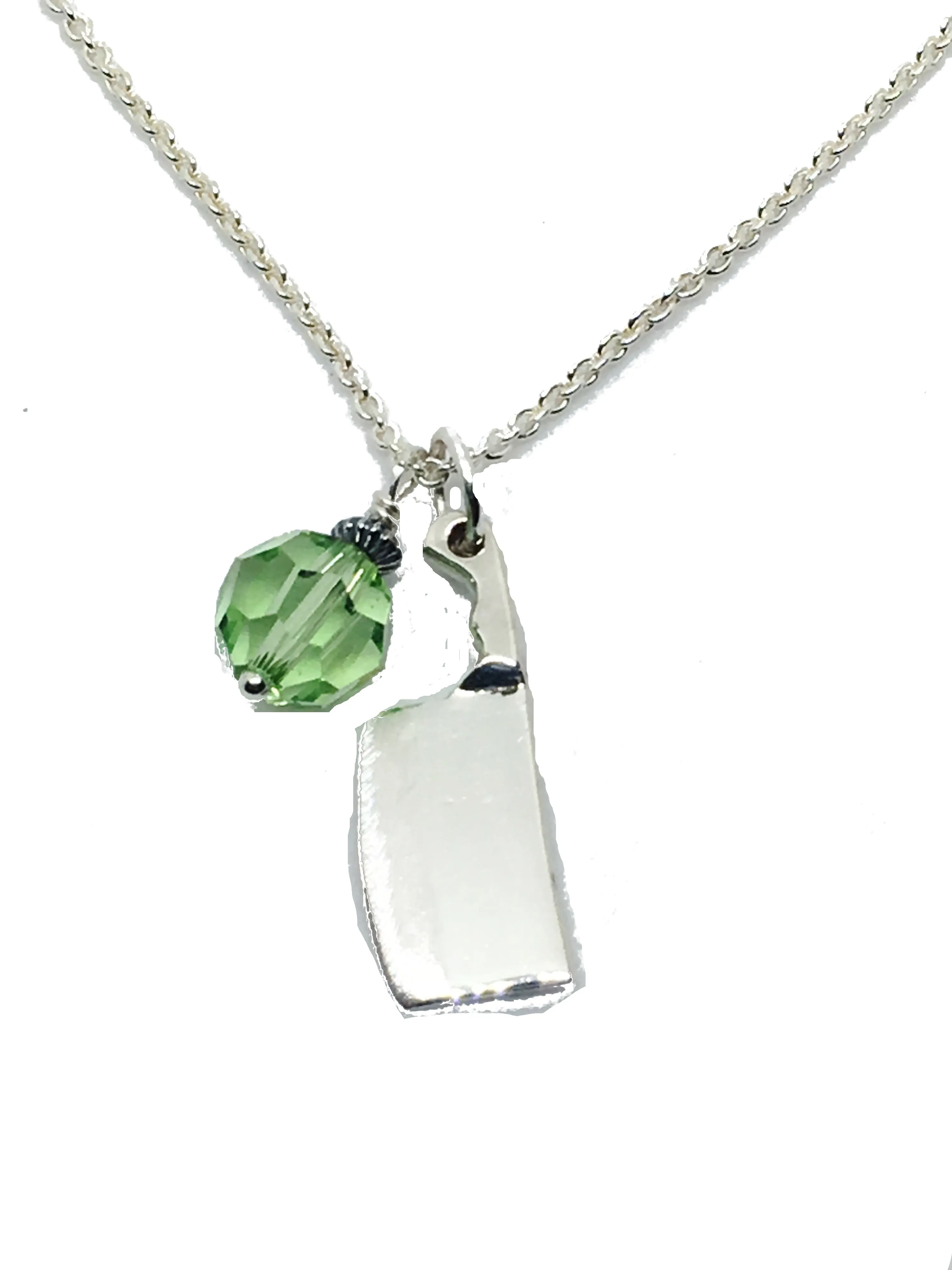 Chef's Cleaver Knife Pendant Necklace with Green Swarovski Crystal Charm