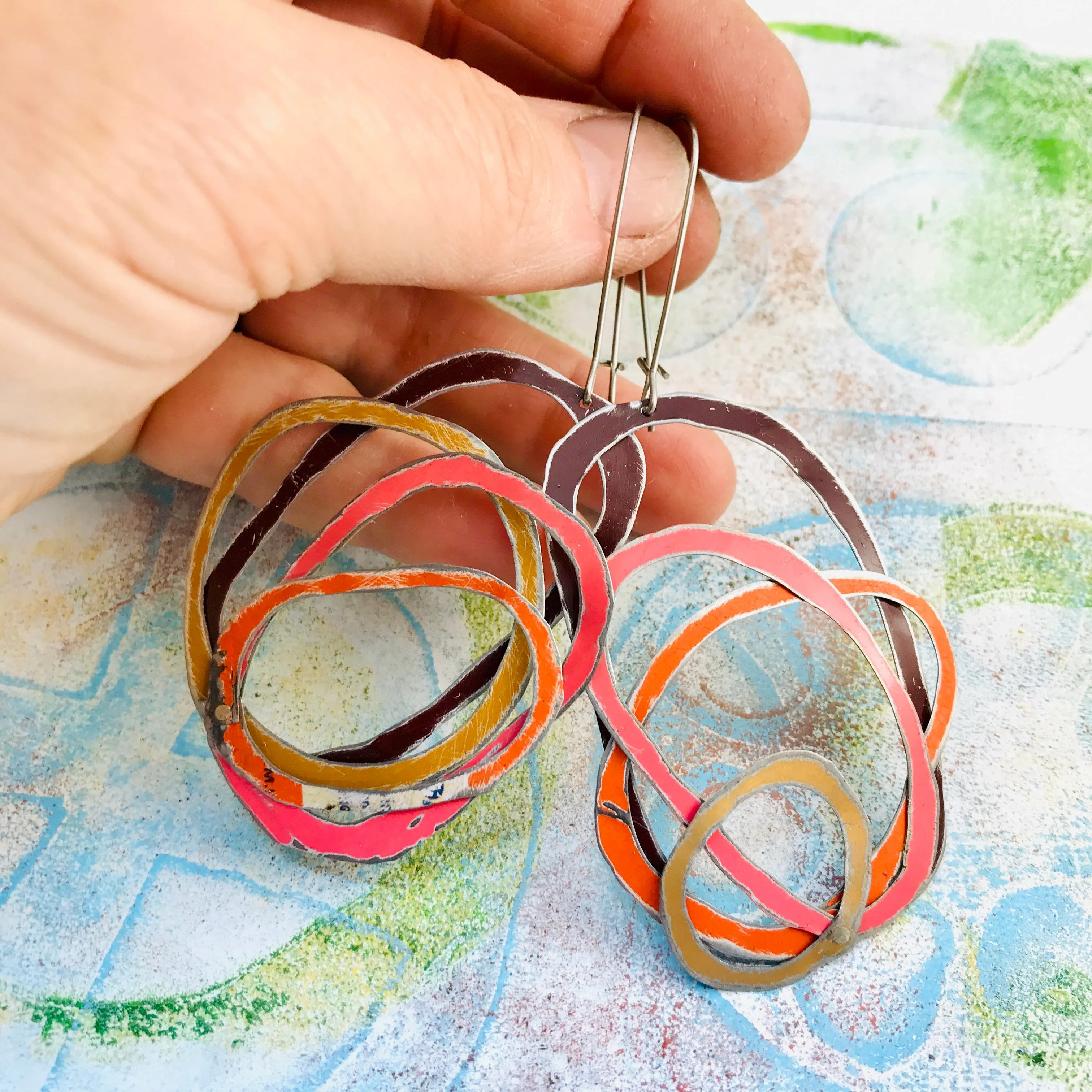 Chocolate, Coral, Persimmon, & Gold Scribbles Upcycled Tin Earrings