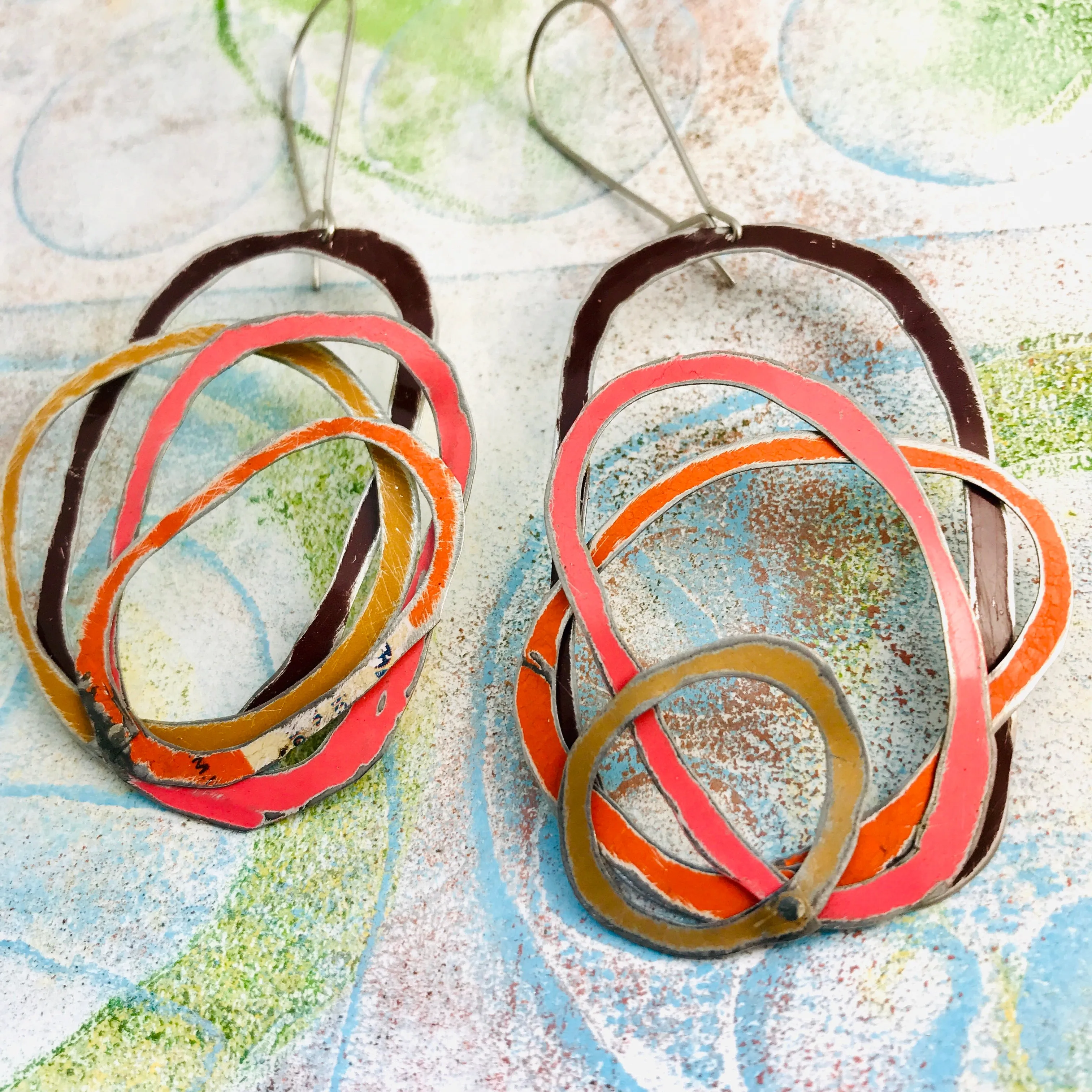 Chocolate, Coral, Persimmon, & Gold Scribbles Upcycled Tin Earrings