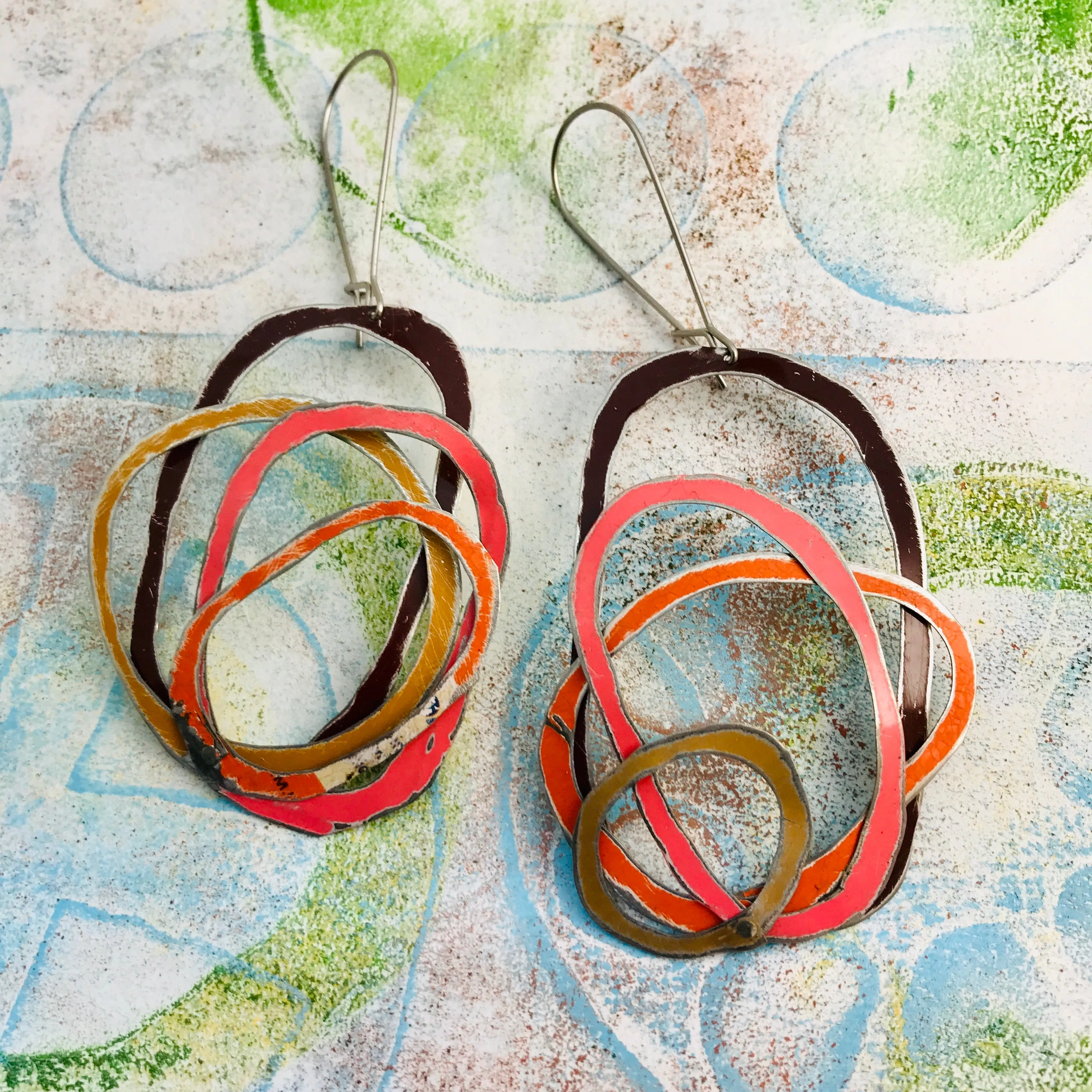 Chocolate, Coral, Persimmon, & Gold Scribbles Upcycled Tin Earrings