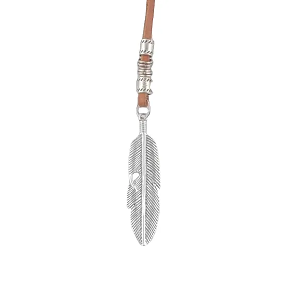 Classy Men Silver Leather Feather Pendant Necklace