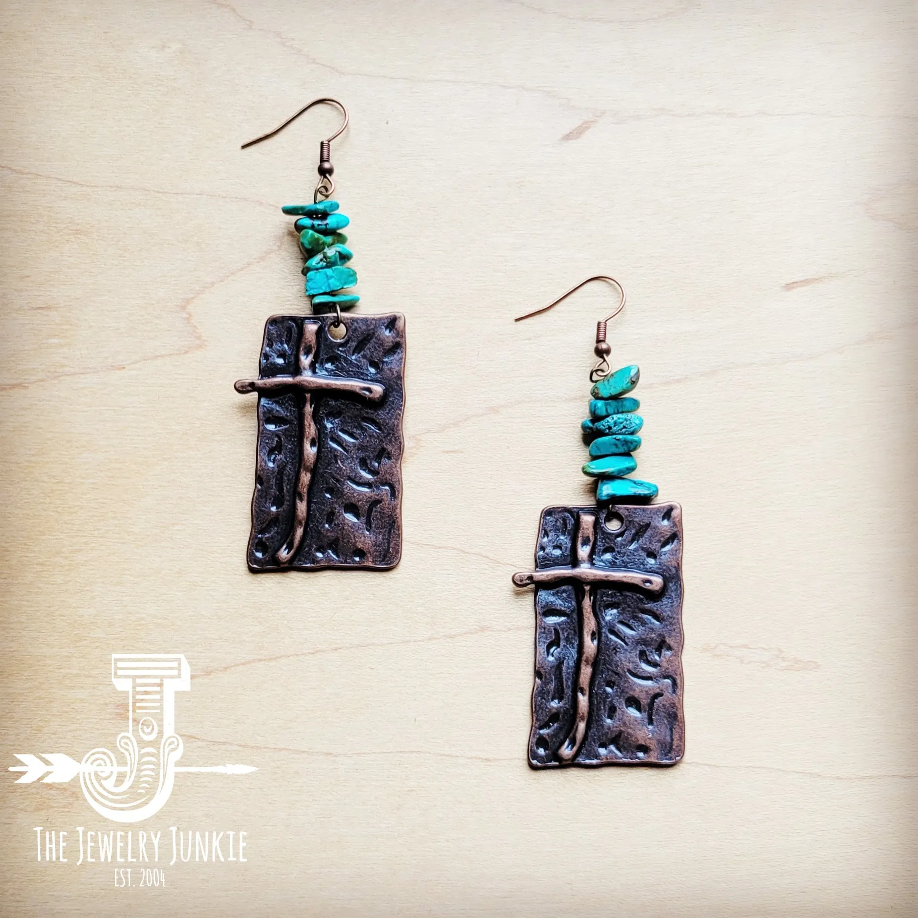 Copper Cross Earrings w/ Natural Turquoise Chunks 220n