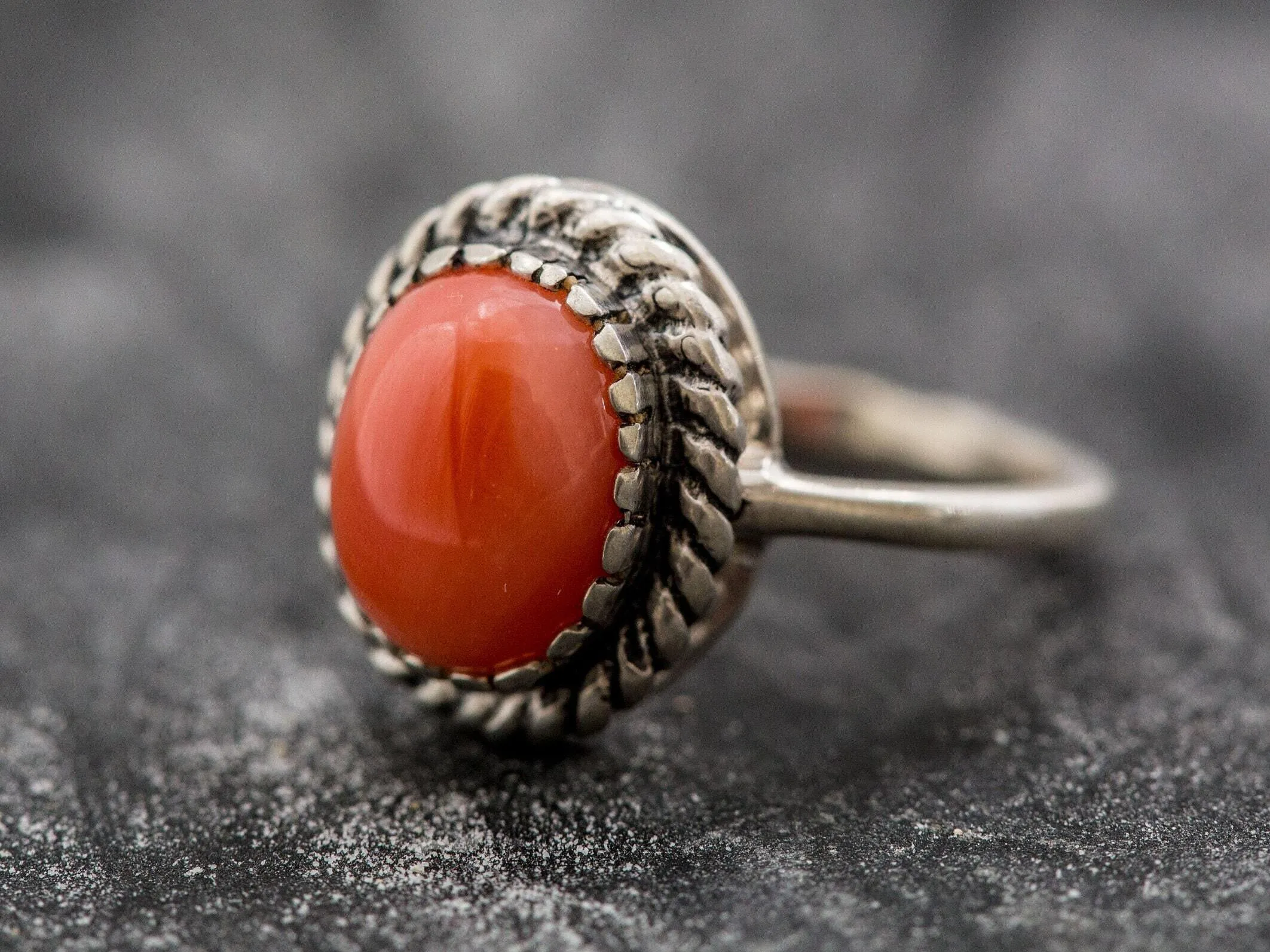 Coral Ring - Orange Solitaire Ring - Oval Coral Ring