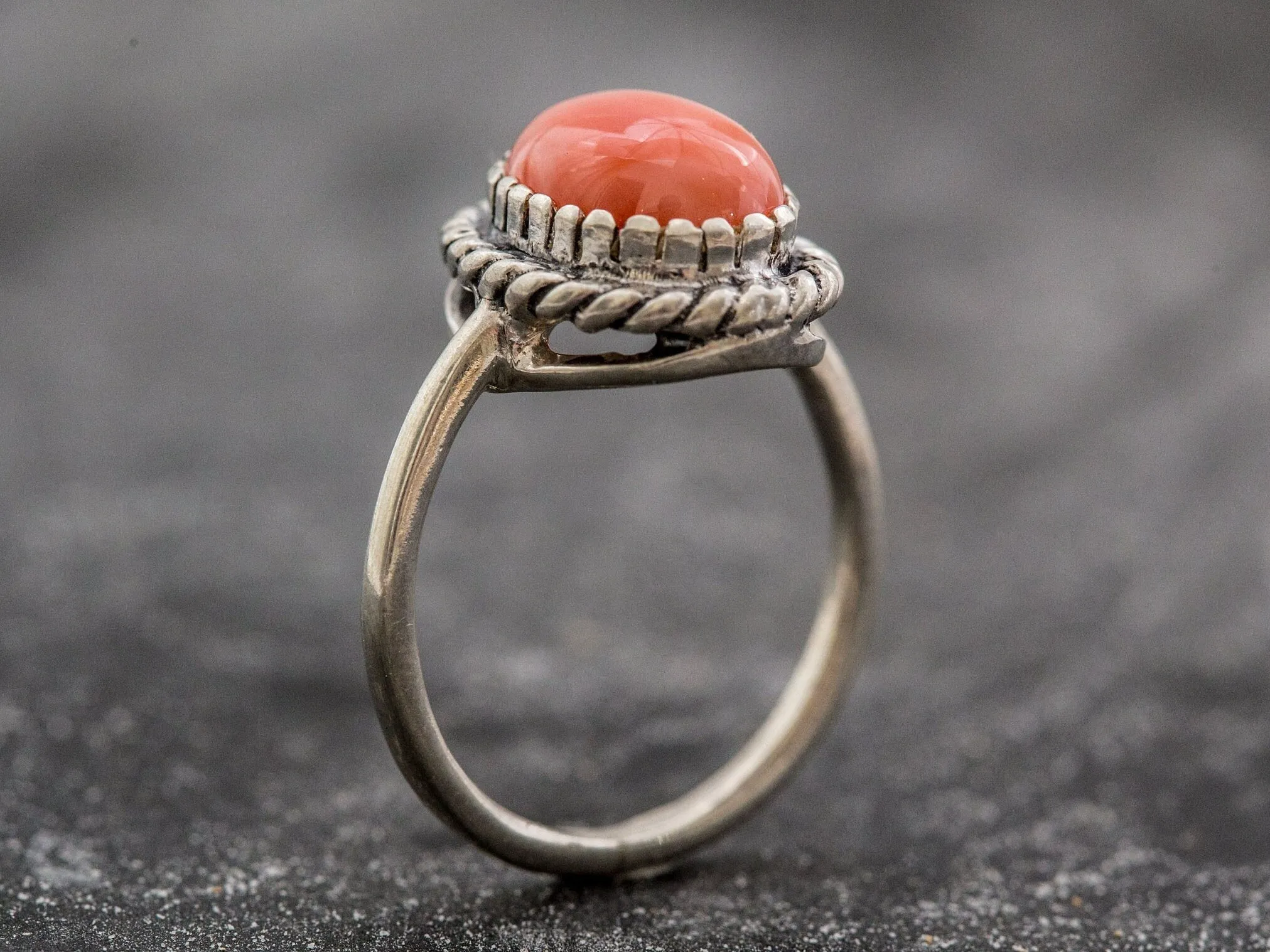 Coral Ring - Orange Solitaire Ring - Oval Coral Ring