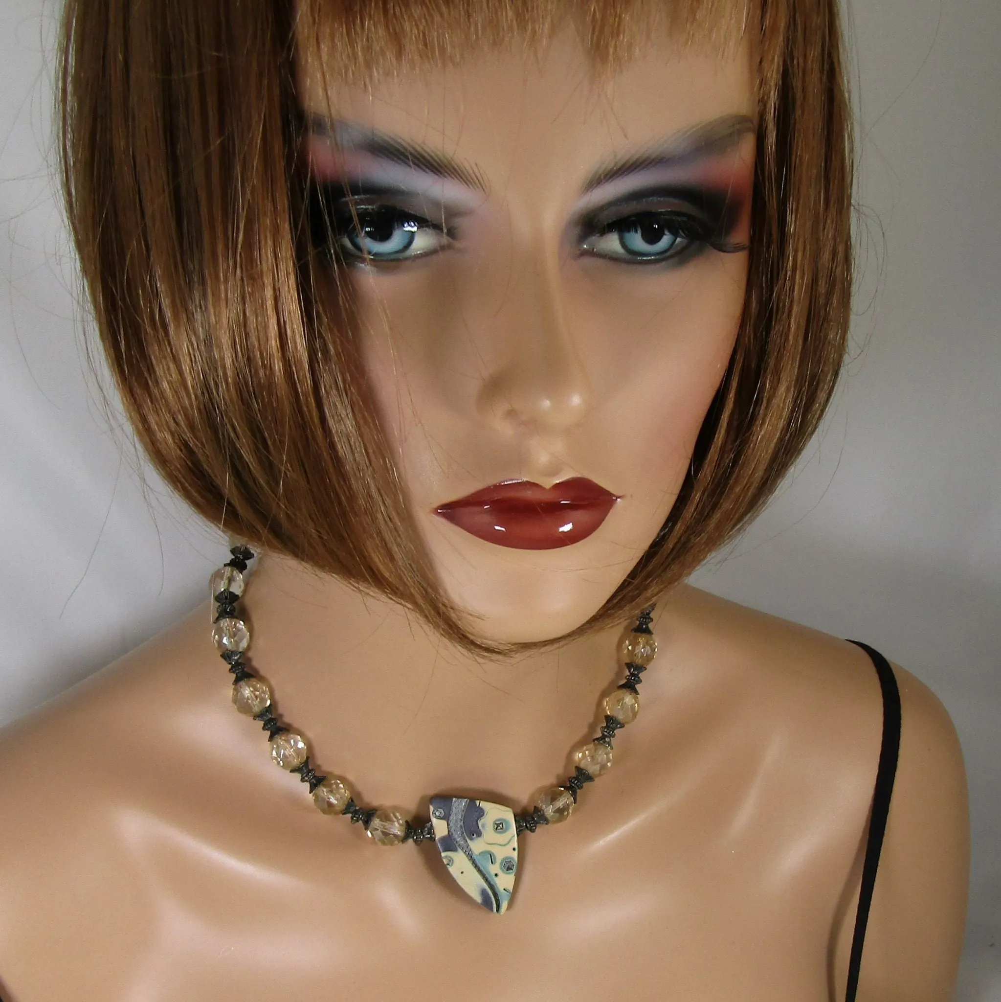 Crystal Bead Beaded Necklace with Handmade Polymer Clay Focus