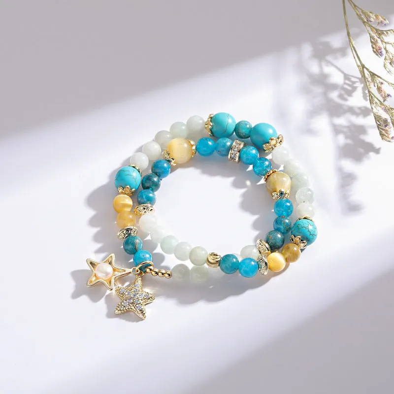 Double Layer Crystal, Turquoise, and Apatite Sterling Silver Bracelet