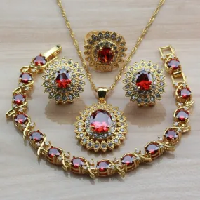 Dubai Yellow Gold Color Big Jewelry Sets Wedding Accessories Women Red Garnet Zircon Clip Earring And Necklace Bridal Sets