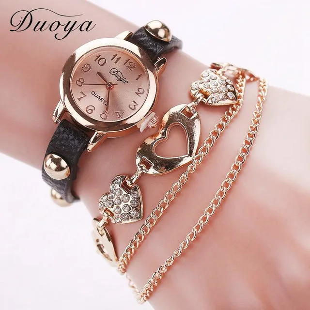 Duoya Brand Fashion Watches Women Luxury Rose Gold Heart Leather Wristwatches Ladies Dress Bracelet Chain Quartz Watch Clock New