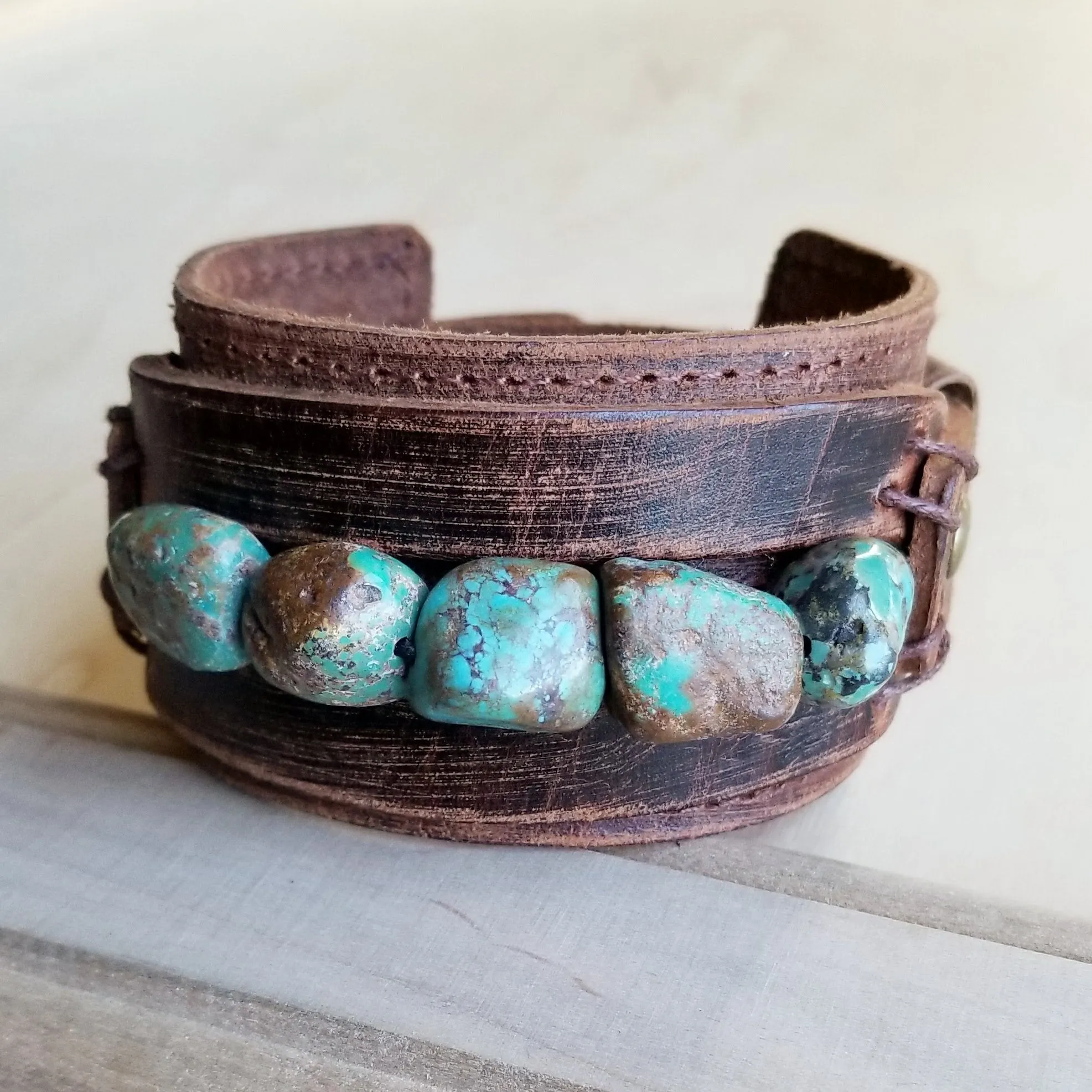 Dusty Leather Wide Cuff with Natural Turquoise Chunks 006p