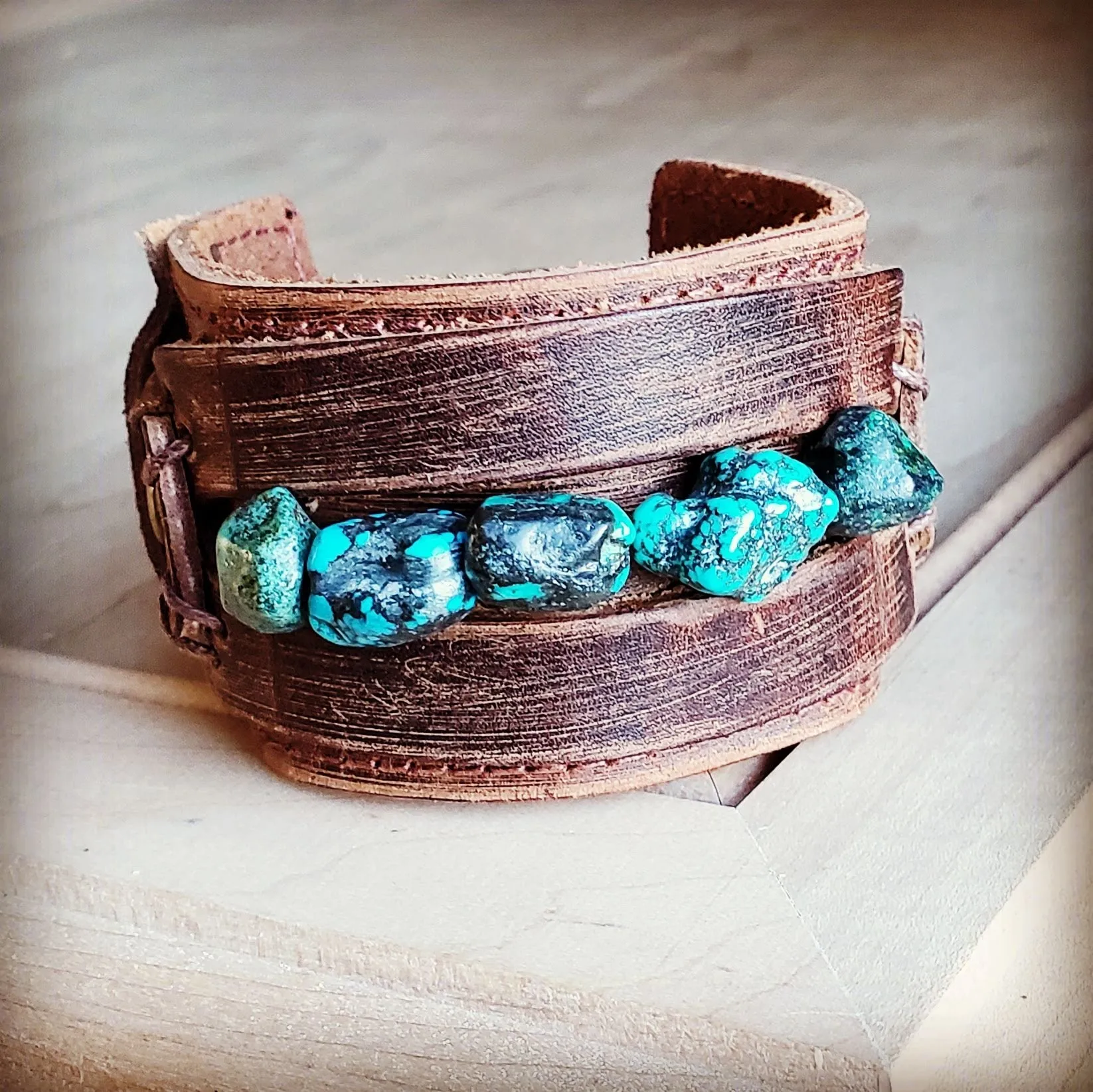 Dusty Leather Wide Cuff with Natural Turquoise Chunks 006p