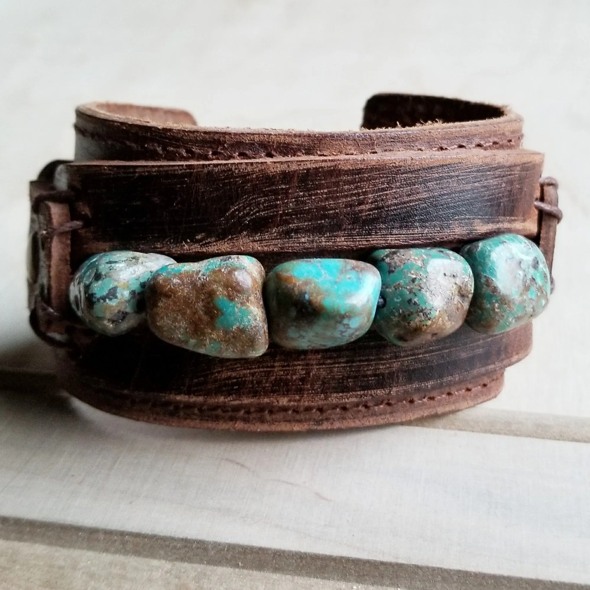 Dusty Leather Wide Cuff with Natural Turquoise Chunks 006p