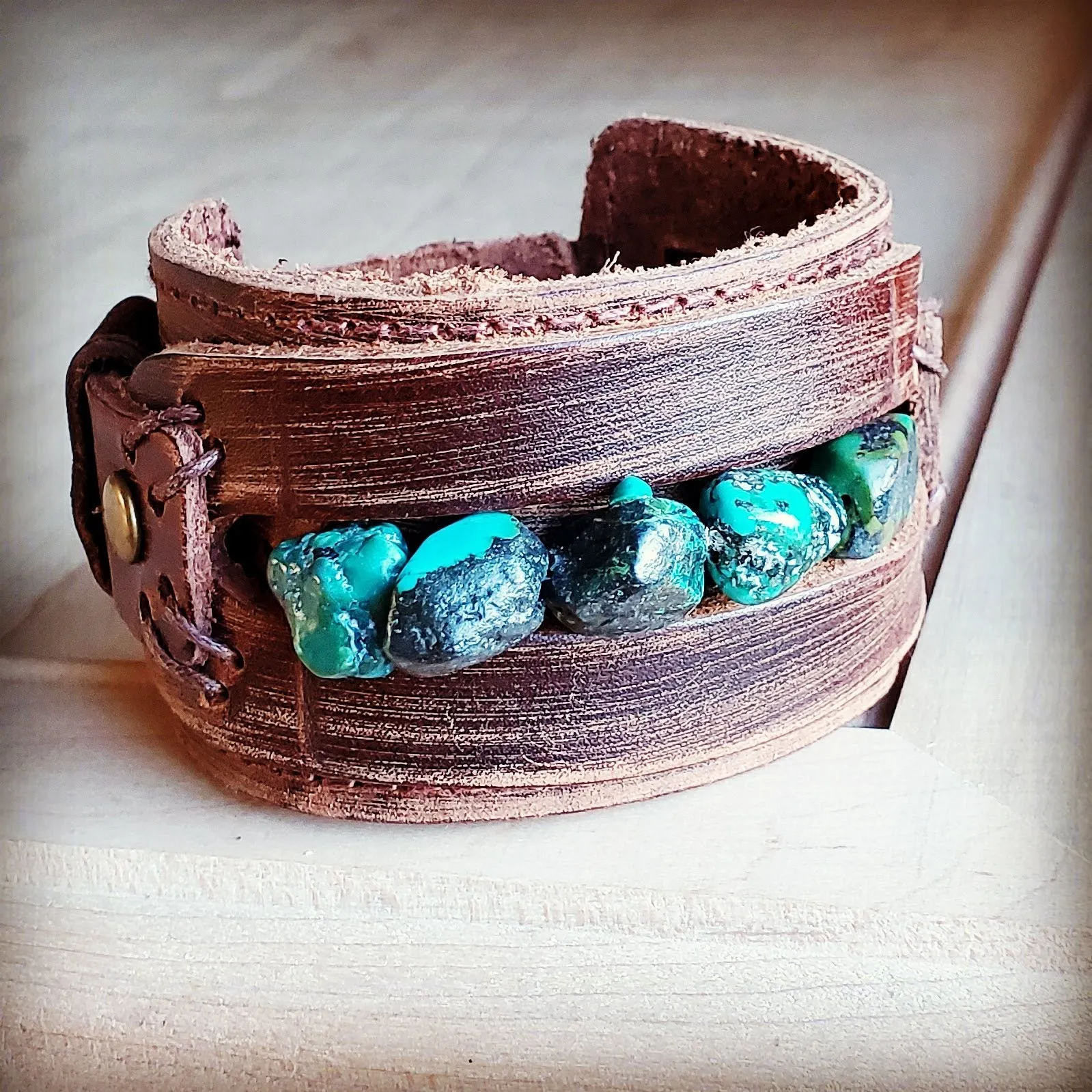 Dusty Leather Wide Cuff with Natural Turquoise Chunks 006p