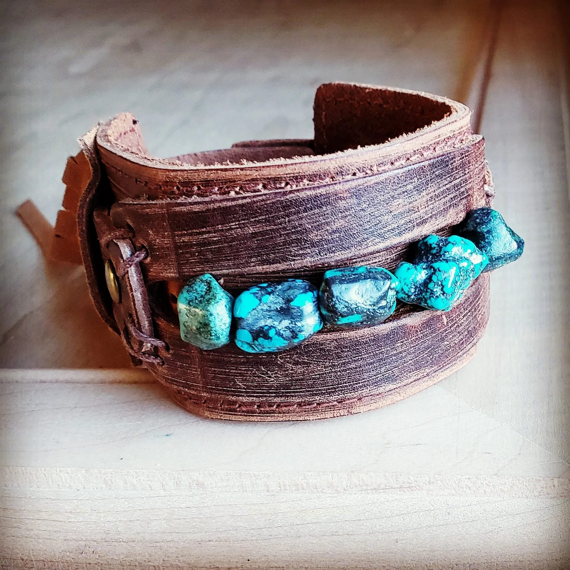 Dusty Leather Wide Cuff with Natural Turquoise Chunks 006p