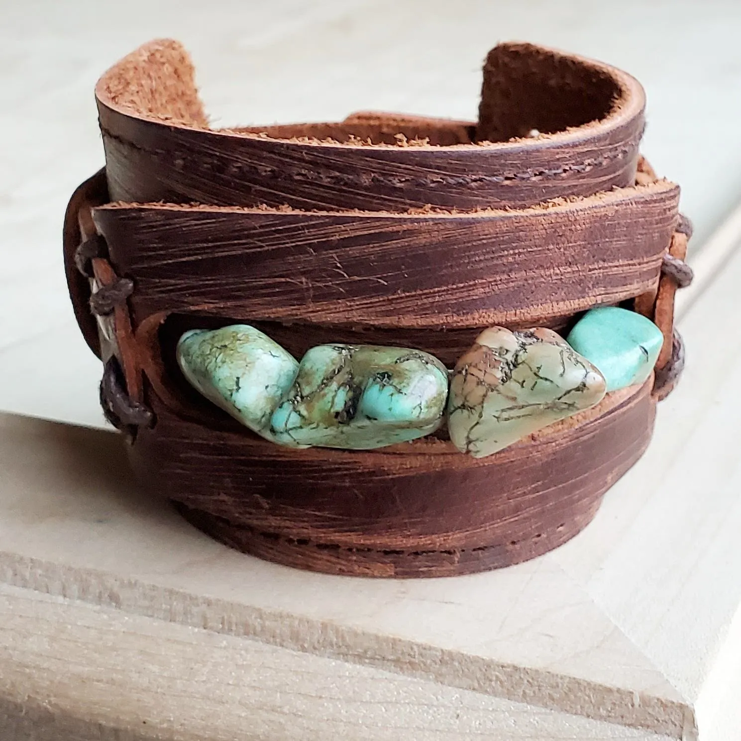 Dusty Leather Wide Cuff with Natural Turquoise Chunks 006p