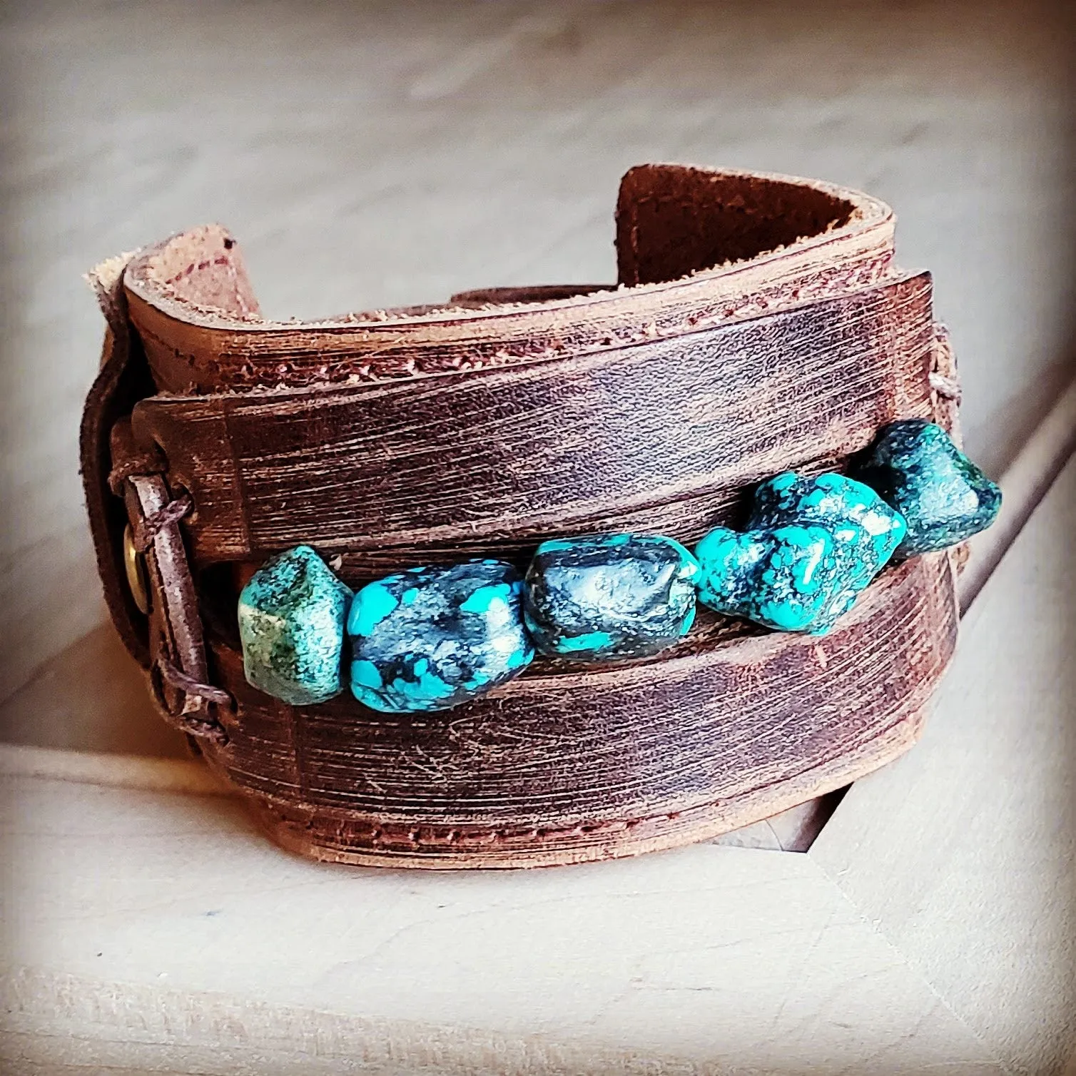 Dusty Leather Wide Cuff with Natural Turquoise Chunks 006p