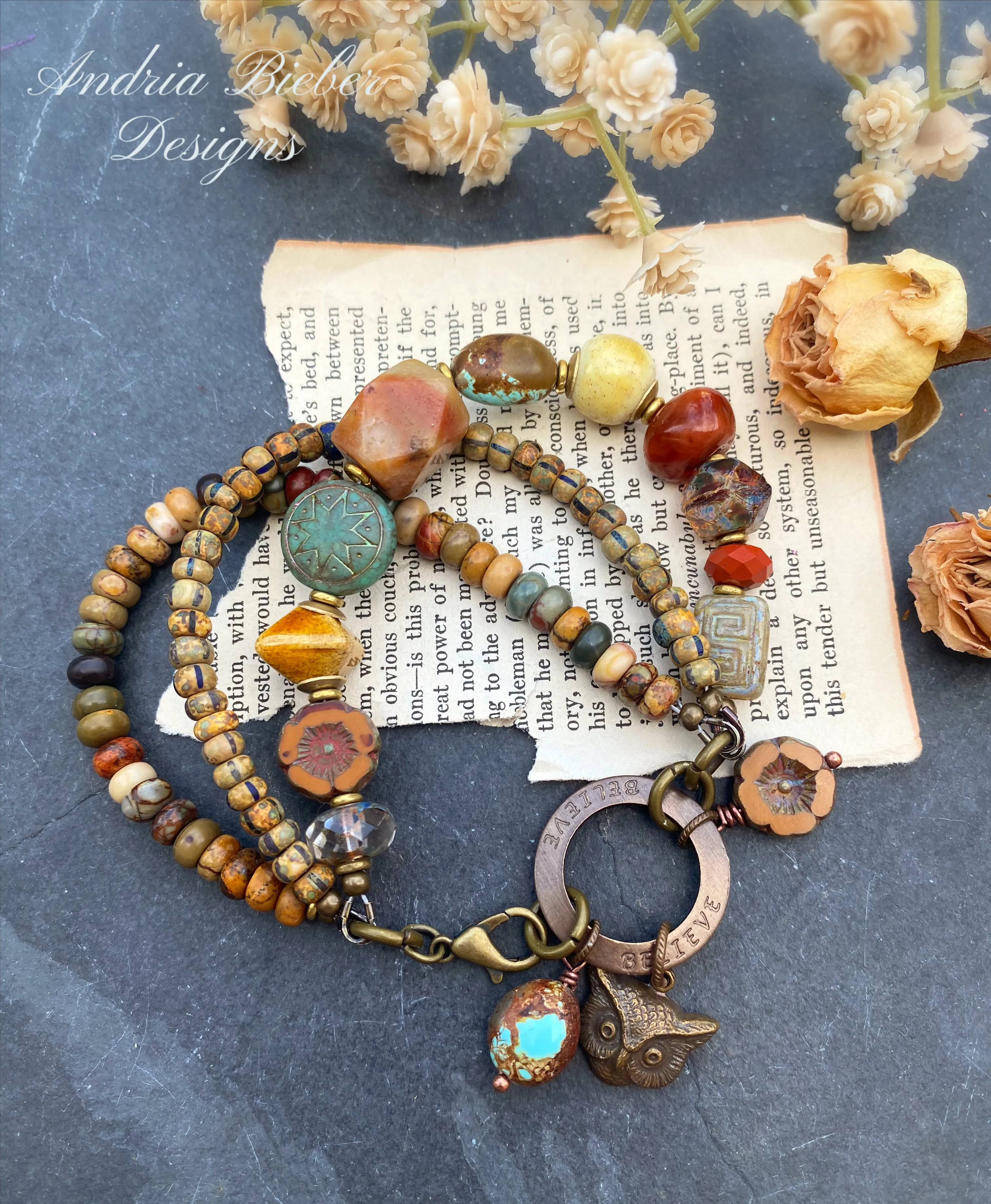 Earth tones. Mixed stone. Turquoise, Czech glass, Czech glass striped beads, handmade ceramic beads, brass metal, bracelet.