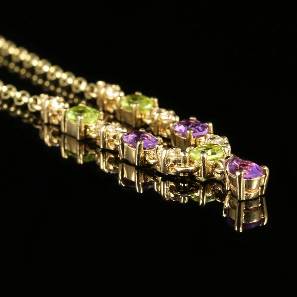 Edwardian Suffragette Style Lavaliere Necklace 9ct Gold Peridot Amethyst Diamond