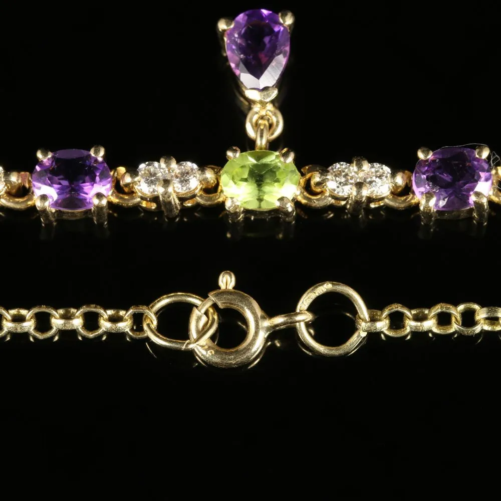 Edwardian Suffragette Style Lavaliere Necklace 9ct Gold Peridot Amethyst Diamond