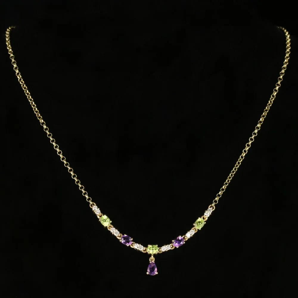 Edwardian Suffragette Style Lavaliere Necklace 9ct Gold Peridot Amethyst Diamond